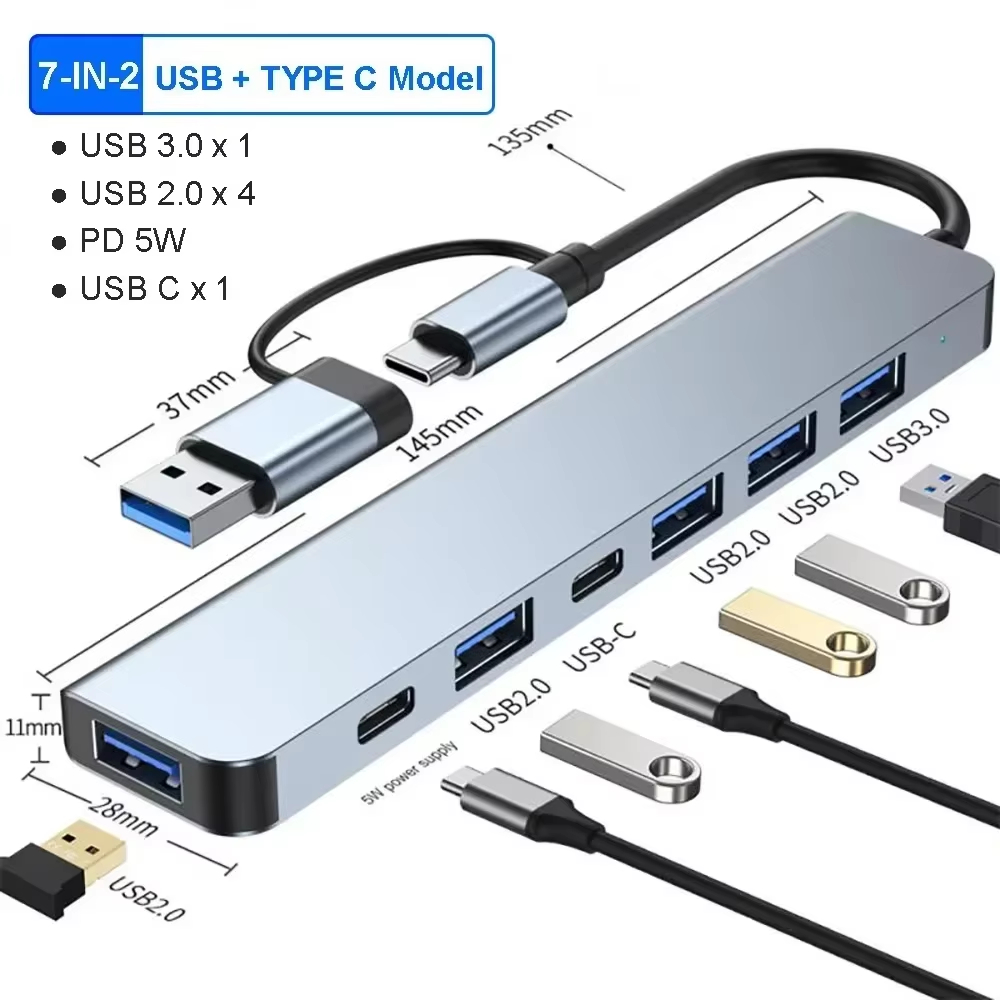 Usb Hub 7 Port - موزع USB-C متعدد المنافذ 7 في
